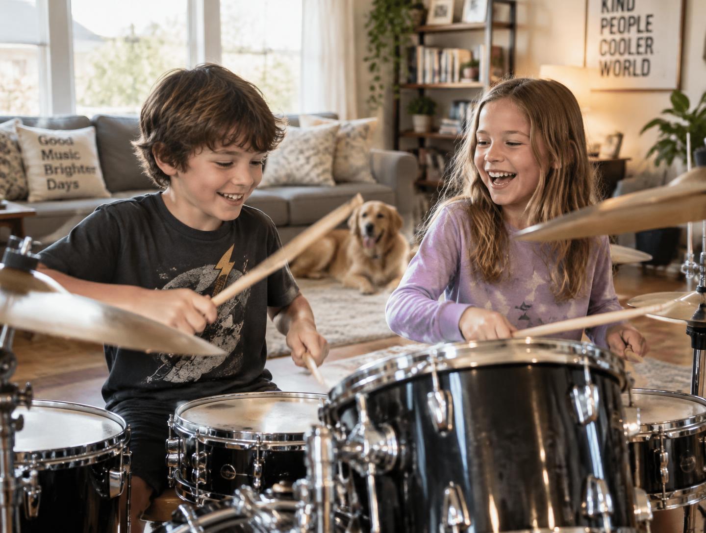 Two kids playing a drum kit at home during a music lesson – home throughout Greater Boston and MetroWest
