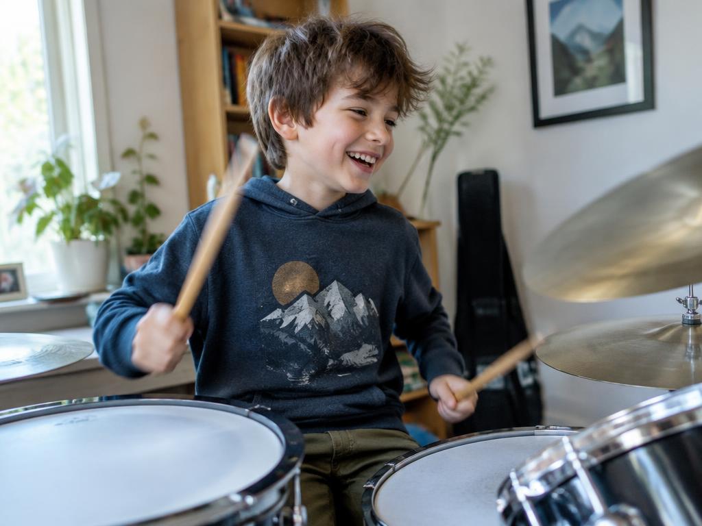 Boy happily playing a drum kit at home
