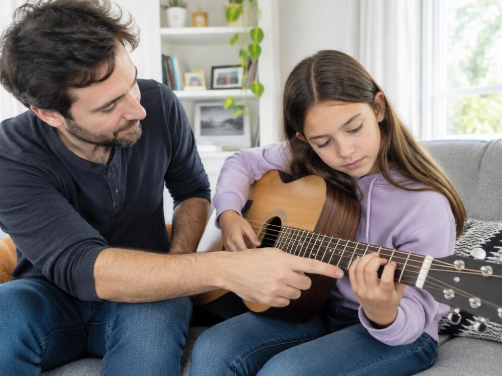 Guitar teacher showing a girl a chord shape on her acoustic guitar