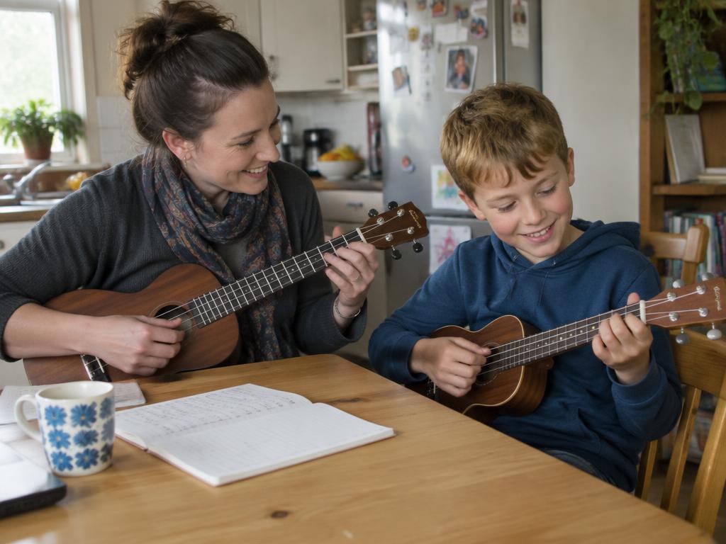 Music teacher and boy playing ukuleles together at the kitchen table